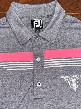 FootJoy Polo Shirt Men L Gray Pink Graphic Print Robert Trent Jones Golf Trail